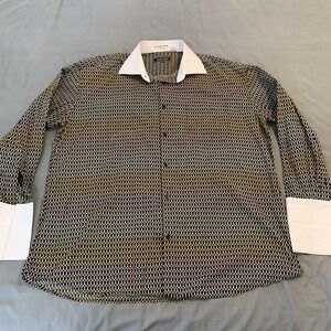 Avanti Uomo Dress Shirt Mens 18.5 36/37 Black Geometric French Cuff Cotton